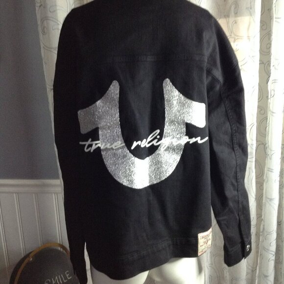 NWT True Religion XL Oversized Trucker Jkt; Black Denim; Old School, Embellished - Picture 3 of 9